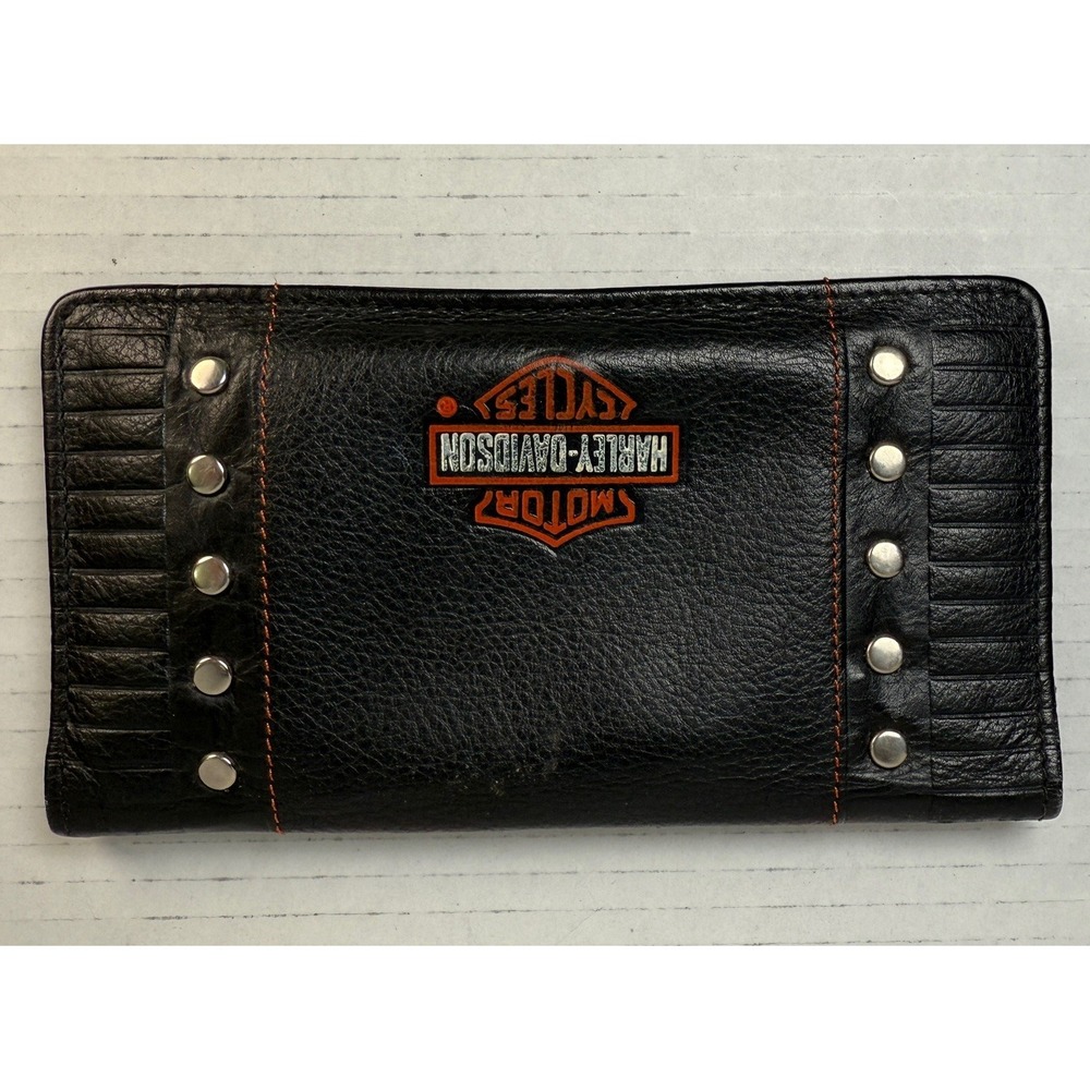 Vintage Harley Davidson Studded Leather Bifold Money Checkbook Cover Wallet